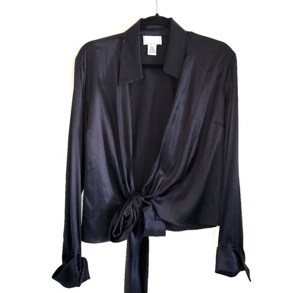Alberto Makali Black Silk Rhinestone Long Sleeve Wrap Blouse Evening Top Large - Picture 1 of 11